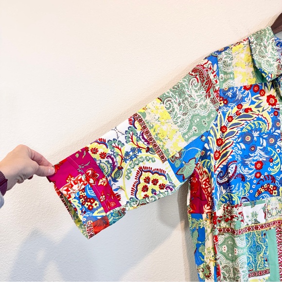 Boho Patchwork Print Button Down Shirt Rayon Top 1X Colorful Artsy Blouse - Picture 4 of 9